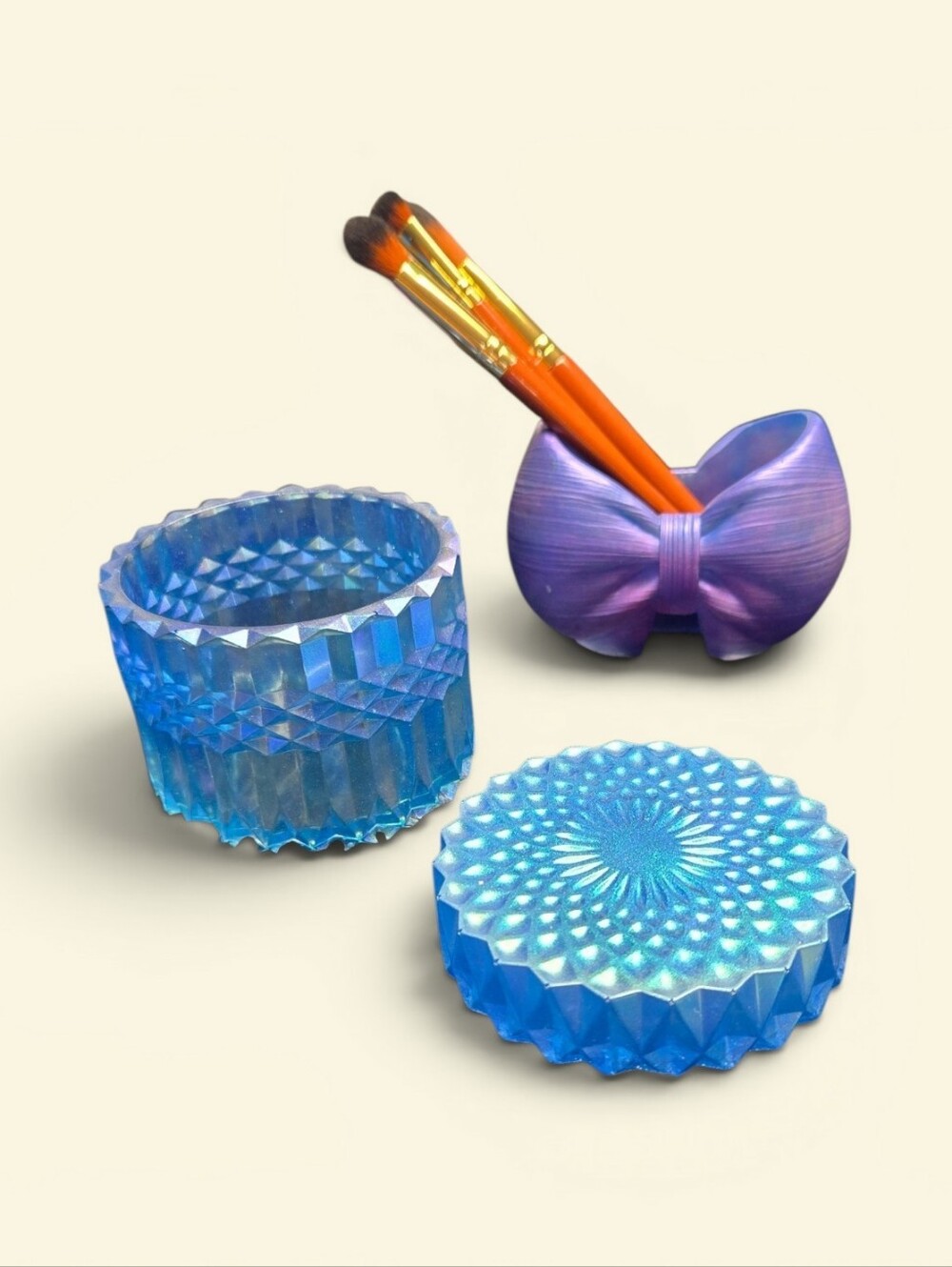 Hand Crafted Blue Iridescent Glass Trinket Box with Purple Bow Brush Holder